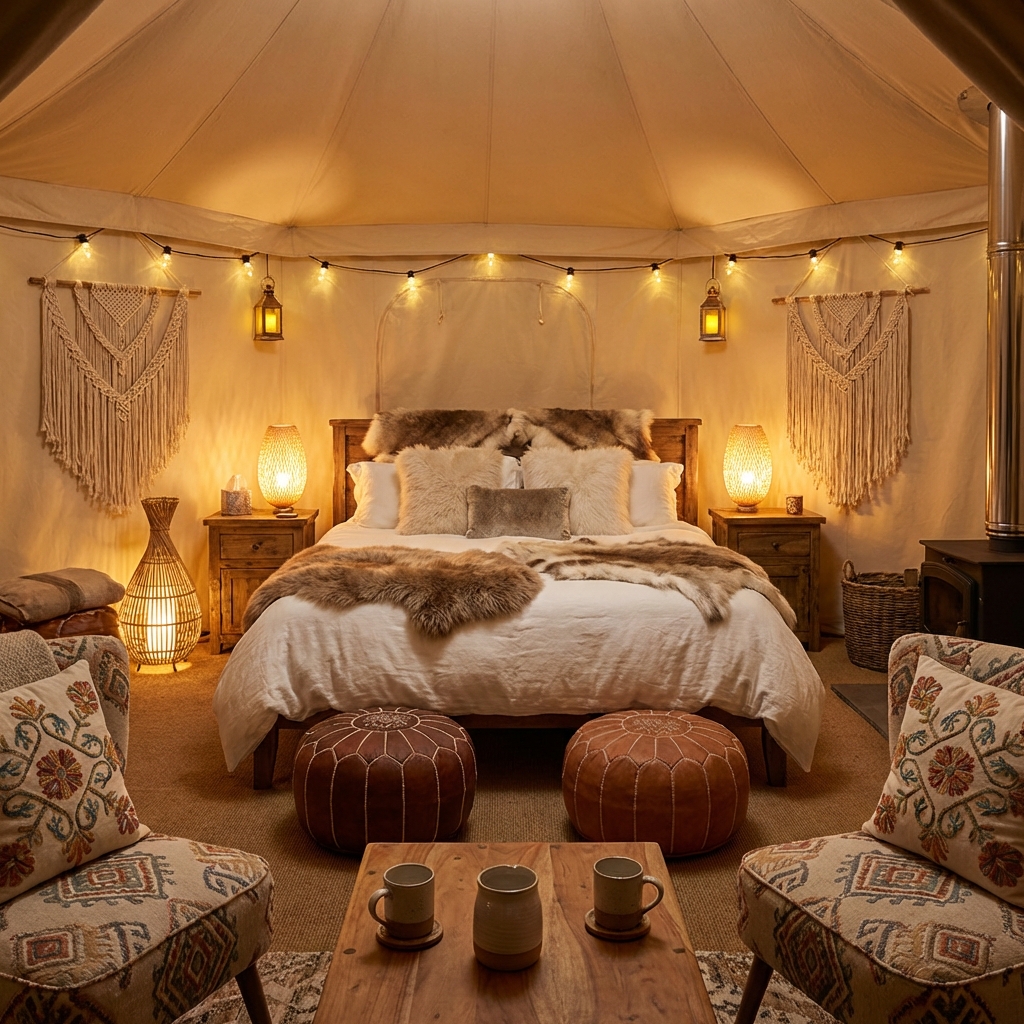 Interior glamping mewah dengan tempat tidur king size dan dekorasi bohemian